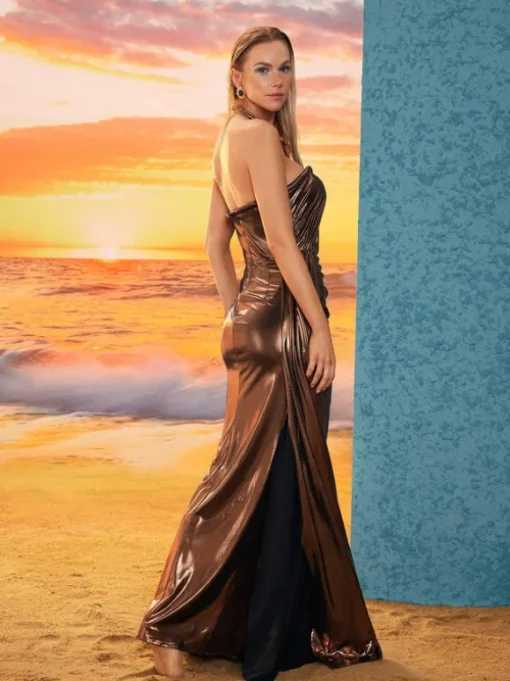 Rina Strapless Metallic Draped Maxi Dress
