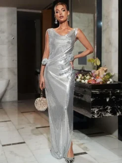 Roneve Pearl Backless Flower Sequin Maxi Dress