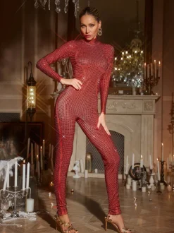 Rosalyn Long Sleeve Rhinestone Jumpsuit In Red