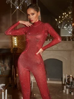 Rosalyn Long Sleeve Rhinestone Jumpsuit In Red
