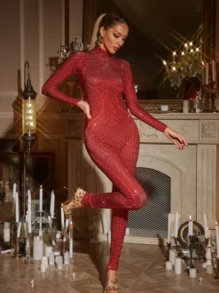 Rosalyn Long Sleeve Rhinestone Jumpsuit In Red