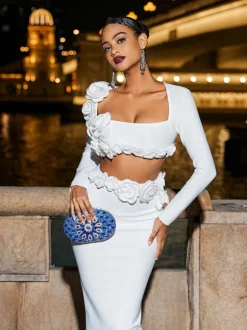 Rufus Flower Bandage Skirt Set In White
