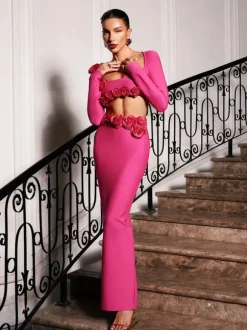 Rufus Flower Bandage Skirt Set In Hot Pink