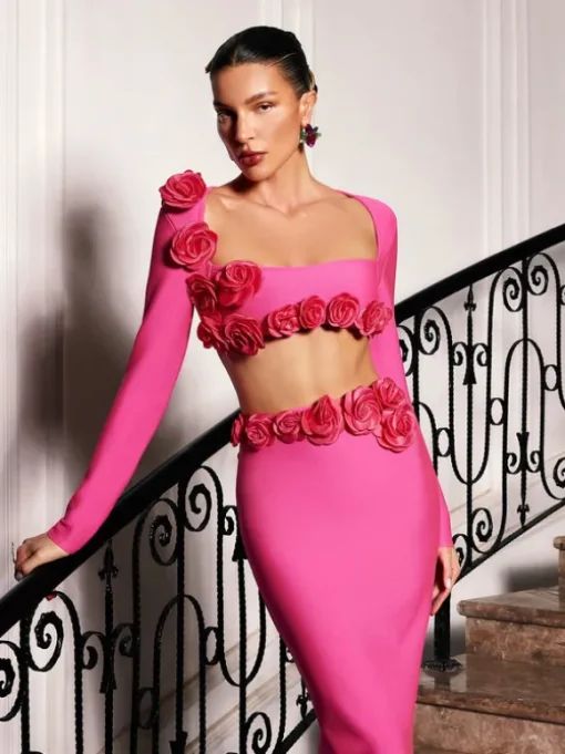 Rufus Flower Bandage Skirt Set In Hot Pink
