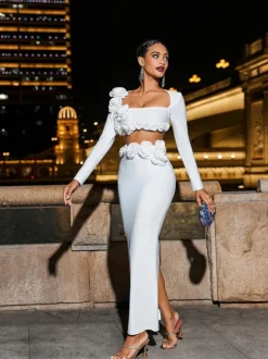 Rufus Flower Bandage Skirt Set In White