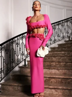 Rufus Flower Bandage Skirt Set In Hot Pink