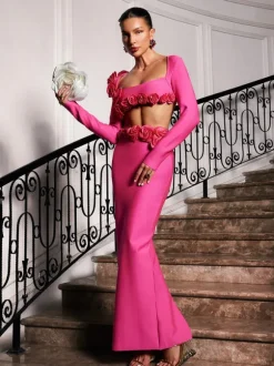Rufus Flower Bandage Skirt Set In Hot Pink