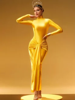 Rumaysa Long Sleeve Twisted Maxi Dress In Gold