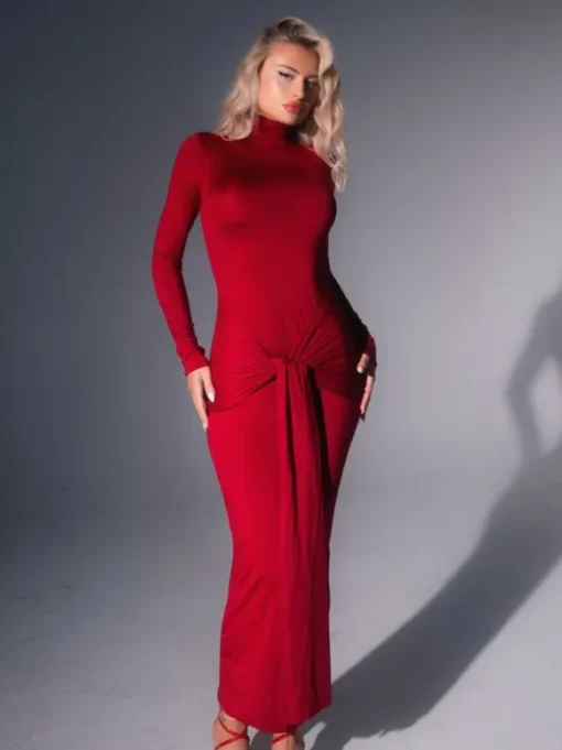 Rumaysa Long Sleeve Twisted Maxi Dress In Red