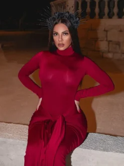 Rumaysa Long Sleeve Twisted Maxi Dress In Red