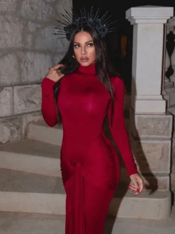 Rumaysa Long Sleeve Twisted Maxi Dress In Red