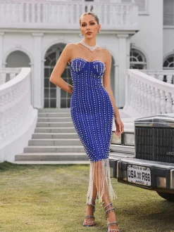 Ryxalia Strapless Pearl Bandage Midi Dress