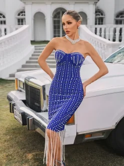 Ryxalia Strapless Pearl Bandage Midi Dress