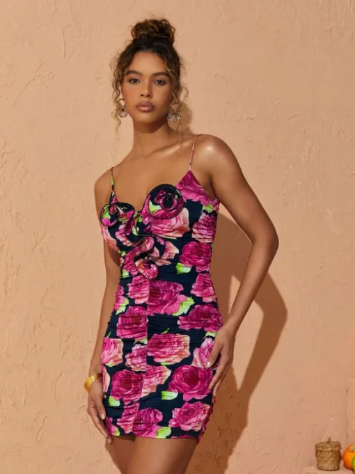 Sachi Rose Printed Ruched Mini Dress