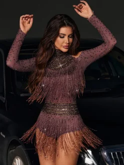 Safa Rhinestone Glitter Fringe Bodysuit