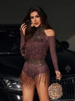 Safa Rhinestone Glitter Fringe Bodysuit