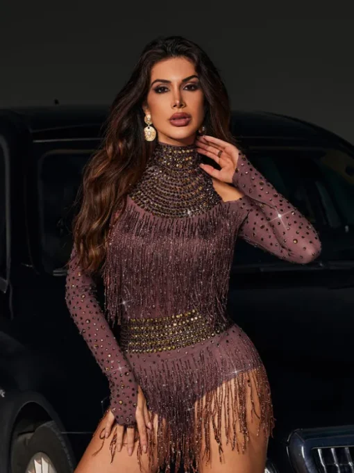 Safa Rhinestone Glitter Fringe Bodysuit
