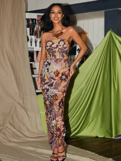 Saige Strapless Flower Embroidered Sequin Dress