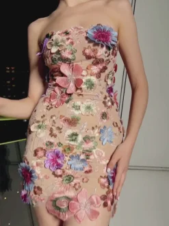 Saige Strapless Flower Embroidered Mini Dress