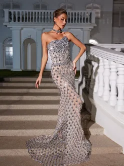Sean Strapless Rhinestone Mesh Maxi Dress
