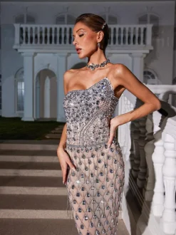 Sean Strapless Rhinestone Mesh Maxi Dress