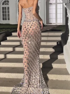 Sean Strapless Rhinestone Mesh Maxi Dress