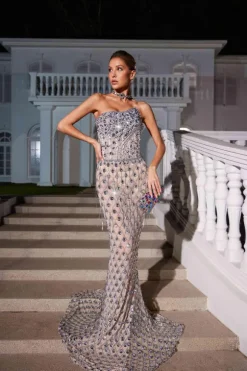 Sean Strapless Rhinestone Mesh Maxi Dress