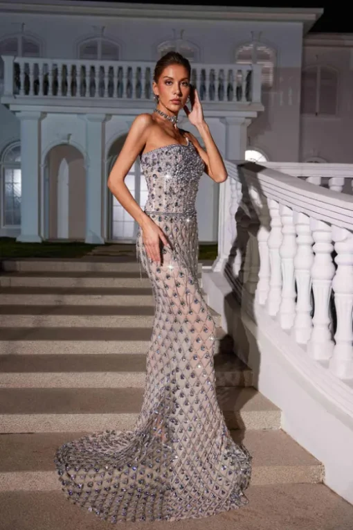 Sean Strapless Rhinestone Mesh Maxi Dress