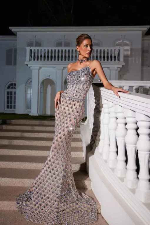Sean Strapless Rhinestone Mesh Maxi Dress