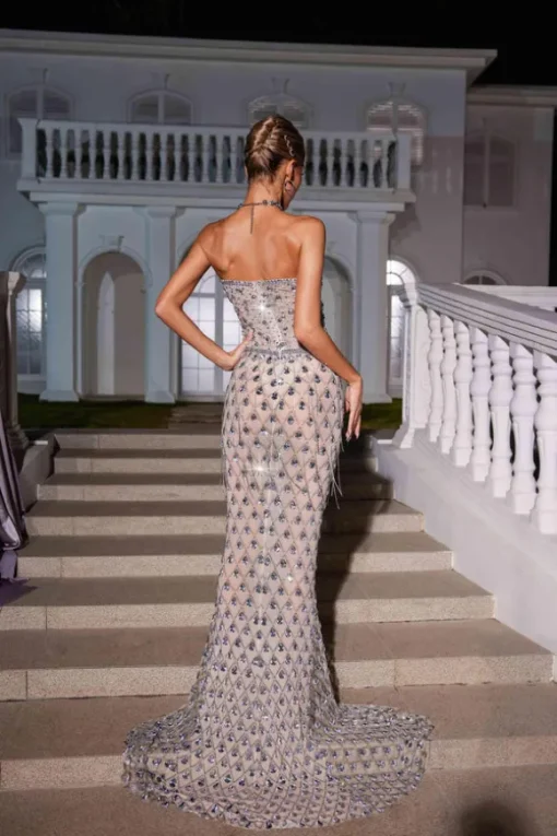 Sean Strapless Rhinestone Mesh Maxi Dress