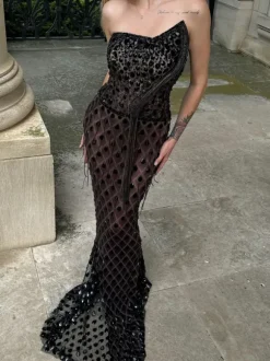 Seaol Strapless Rhinestone Fringe Mesh Dress