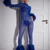 Shae Feather Trimmed Rhinestone Mesh Jumpsuit