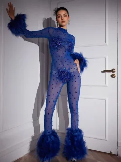 Shae Feather Trimmed Rhinestone Mesh Jumpsuit