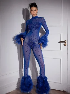 Shae Feather Trimmed Rhinestone Mesh Jumpsuit