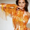 Shatora One Shoulder Rhinestone Fringe Bodysuit In Orange