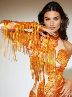 Shatora One Shoulder Rhinestone Fringe Bodysuit In Orange