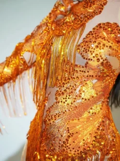 Shatora One Shoulder Rhinestone Fringe Bodysuit In Orange