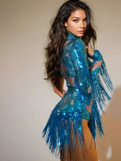 Shatora One Shoulder Rhinestone Fringe Bodysuit In Blue