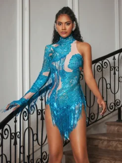 Shatora One Shoulder Rhinestone Fringe Bodysuit In Blue