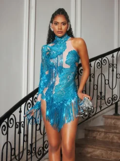 Shatora One Shoulder Rhinestone Fringe Bodysuit In Blue