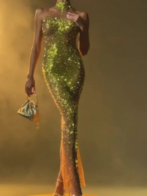 Shawnette Ombre Halterneck Rhinestone Maxi Dress In Yellow