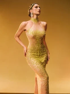 Shawnette Ombre Halterneck Rhinestone Maxi Dress In Yellow
