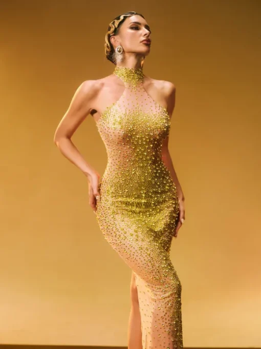 Shawnette Ombre Halterneck Rhinestone Maxi Dress In Yellow