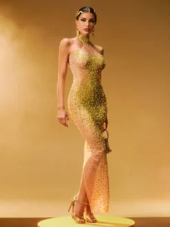 Shawnette Ombre Halterneck Rhinestone Maxi Dress In Yellow