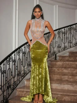 Shelyn Rhinestone Velvet Mermaid Maxi Dress