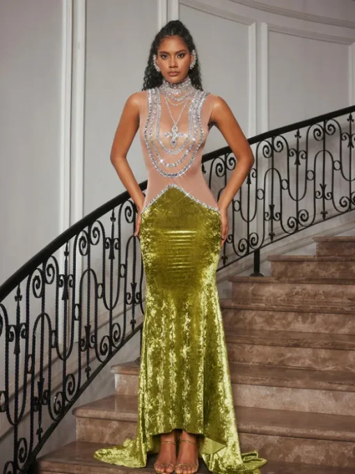 Shelyn Rhinestone Velvet Mermaid Maxi Dress