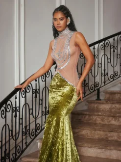 Shelyn Rhinestone Velvet Mermaid Maxi Dress