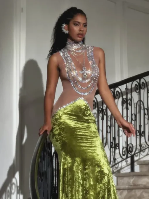 Shelyn Rhinestone Velvet Mermaid Maxi Dress