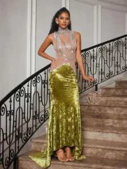 Shelyn Rhinestone Velvet Mermaid Maxi Dress