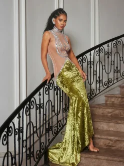 Shelyn Rhinestone Velvet Mermaid Maxi Dress